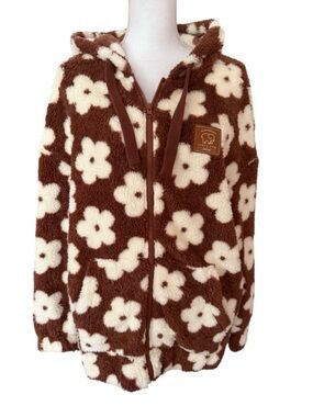 ivory ella Brown & Cream Floral Sherpa Zip-Up Hoody Jacket Women Medium NWT